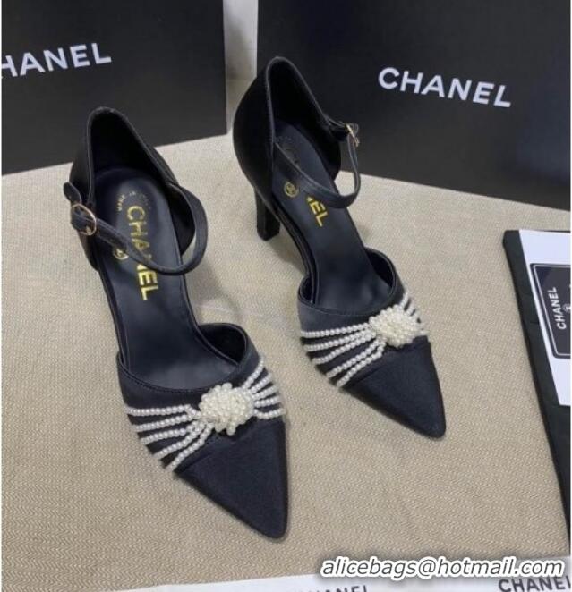 Low Cost Chanel Satin Pearl Knot Pumps with Straps G36466 Black 2020