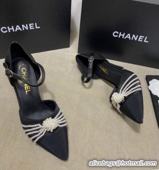 Low Cost Chanel Satin Pearl Knot Pumps with Straps G36466 Black 2020