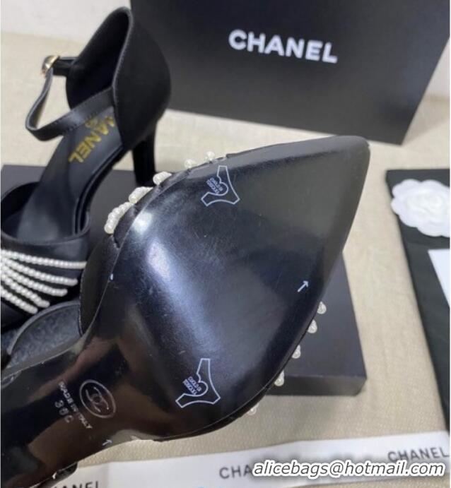 Low Cost Chanel Satin Pearl Knot Pumps with Straps G36466 Black 2020