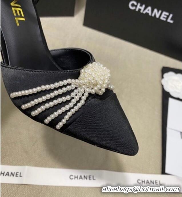 Low Cost Chanel Satin Pearl Knot Pumps with Straps G36466 Black 2020