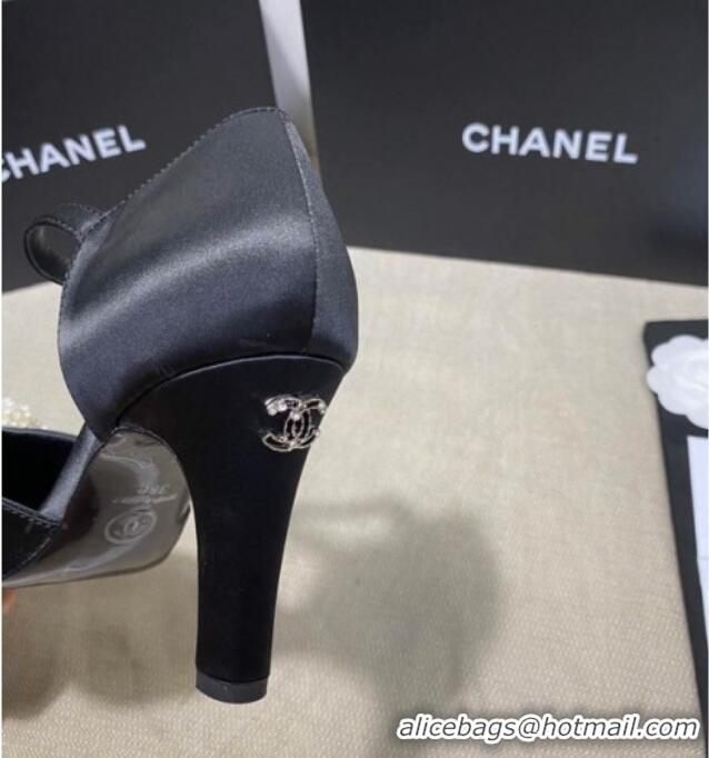 Low Cost Chanel Satin Pearl Knot Pumps with Straps G36466 Black 2020