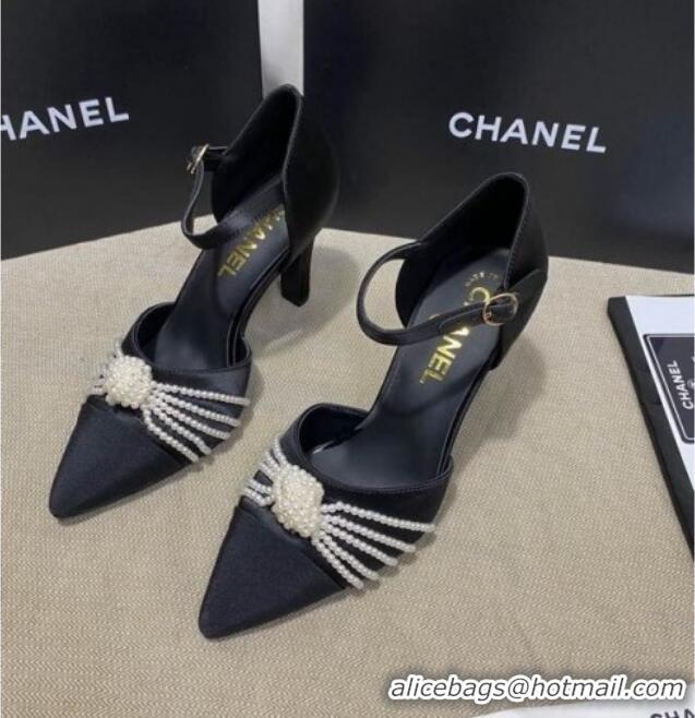 Low Cost Chanel Satin Pearl Knot Pumps with Straps G36466 Black 2020