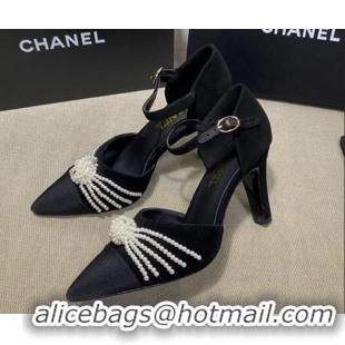 Pretty Style Chanel Suede Pearl Knot Pumps with Straps G36466 Black 2020