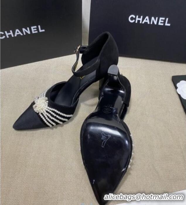 Pretty Style Chanel Suede Pearl Knot Pumps with Straps G36466 Black 2020