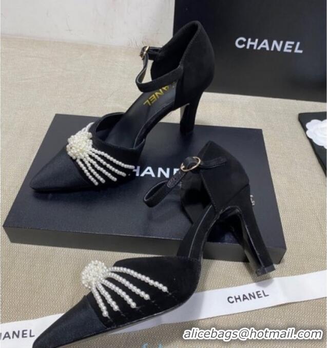 Pretty Style Chanel Suede Pearl Knot Pumps with Straps G36466 Black 2020