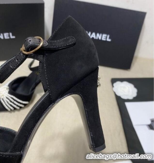 Pretty Style Chanel Suede Pearl Knot Pumps with Straps G36466 Black 2020