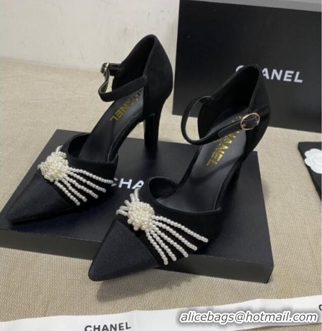 Pretty Style Chanel Suede Pearl Knot Pumps with Straps G36466 Black 2020