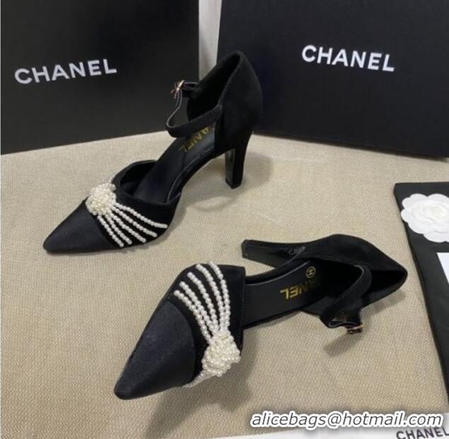 Pretty Style Chanel Suede Pearl Knot Pumps with Straps G36466 Black 2020