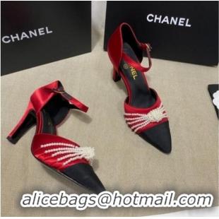 Good Quality Chanel Satin Pearl Knot Pumps with Straps G36466 Red 2020