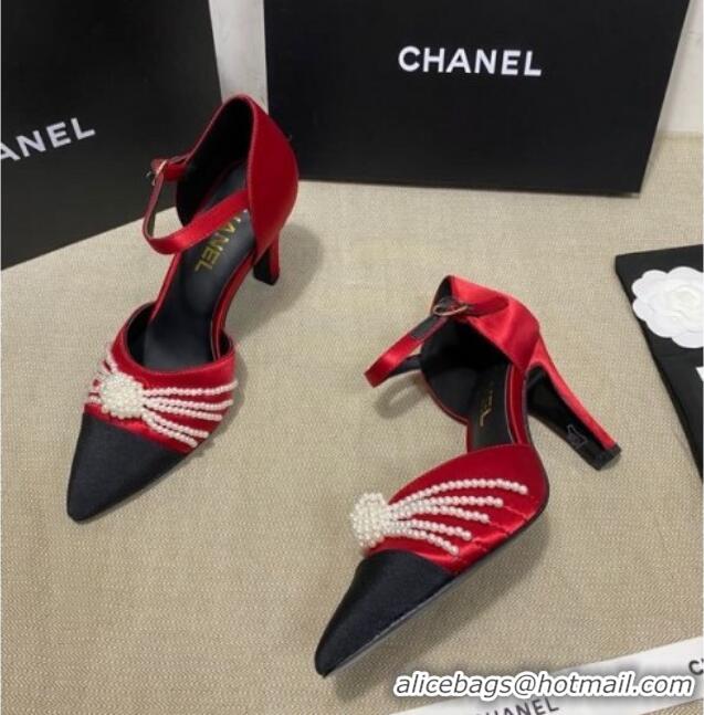 Good Quality Chanel Satin Pearl Knot Pumps with Straps G36466 Red 2020