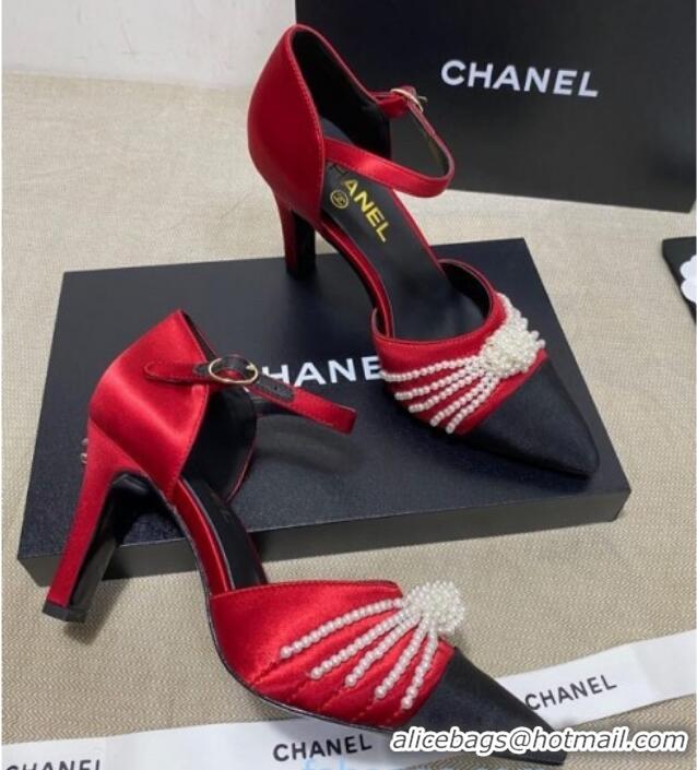 Good Quality Chanel Satin Pearl Knot Pumps with Straps G36466 Red 2020