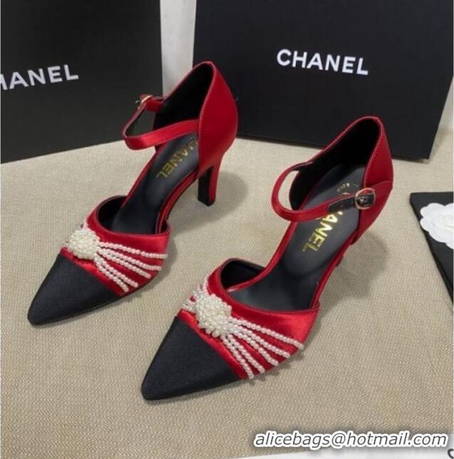 Good Quality Chanel Satin Pearl Knot Pumps with Straps G36466 Red 2020