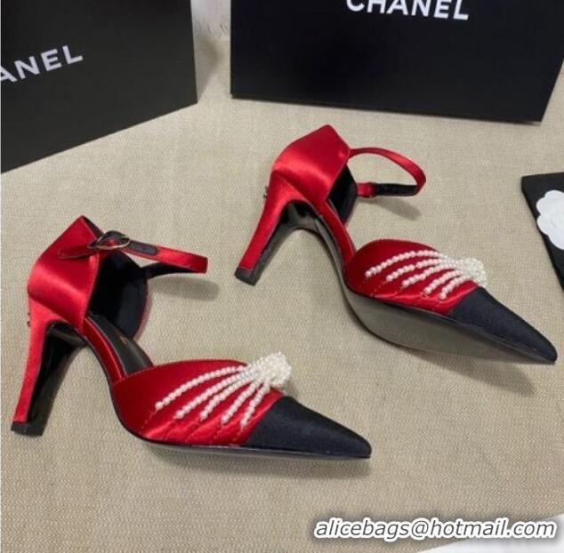 Good Quality Chanel Satin Pearl Knot Pumps with Straps G36466 Red 2020