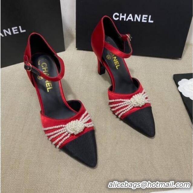 Good Quality Chanel Satin Pearl Knot Pumps with Straps G36466 Red 2020