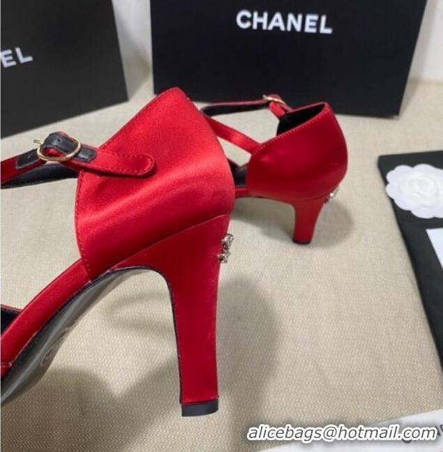 Good Quality Chanel Satin Pearl Knot Pumps with Straps G36466 Red 2020