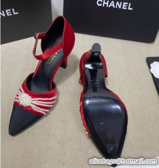 Good Quality Chanel Satin Pearl Knot Pumps with Straps G36466 Red 2020