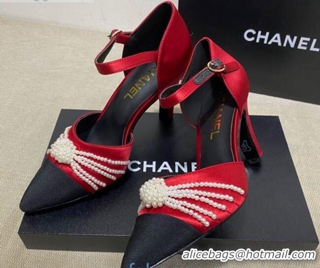 Good Quality Chanel Satin Pearl Knot Pumps with Straps G36466 Red 2020