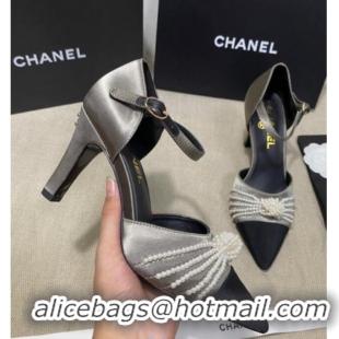 Top Design Chanel Satin Pearl Knot Pumps with Straps G36466 Gray 2020