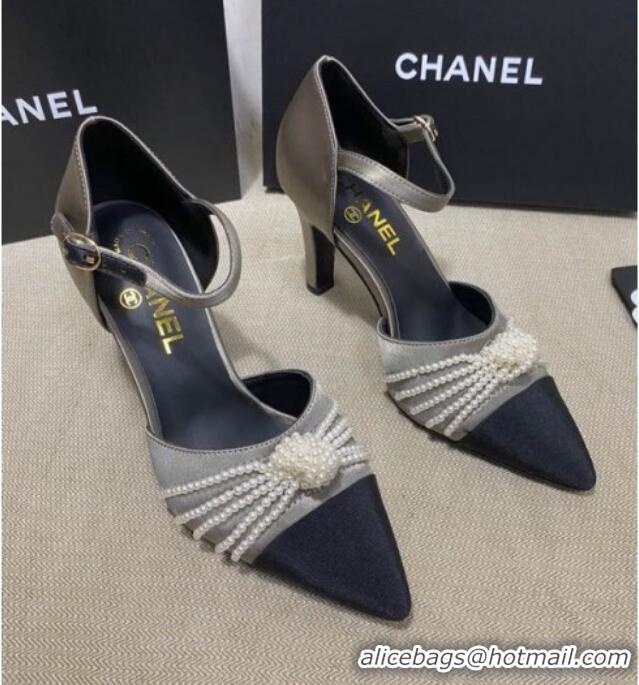 Top Design Chanel Satin Pearl Knot Pumps with Straps G36466 Gray 2020