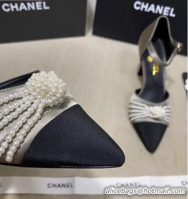 Top Design Chanel Satin Pearl Knot Pumps with Straps G36466 Gray 2020