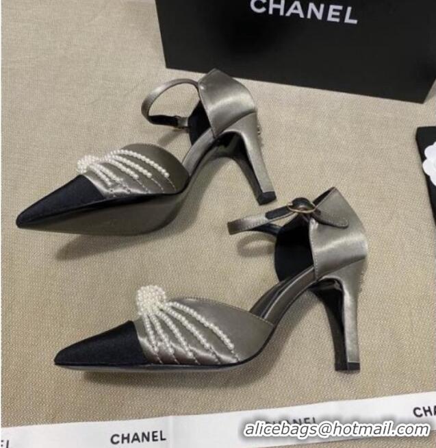 Top Design Chanel Satin Pearl Knot Pumps with Straps G36466 Gray 2020