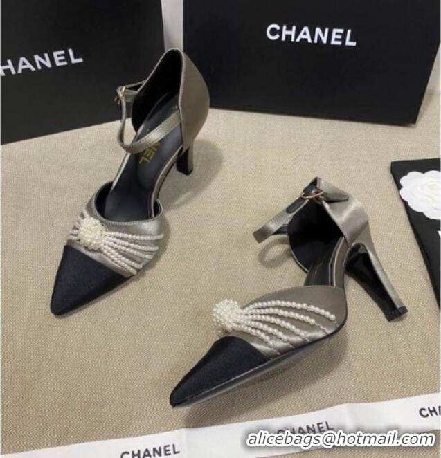 Top Design Chanel Satin Pearl Knot Pumps with Straps G36466 Gray 2020