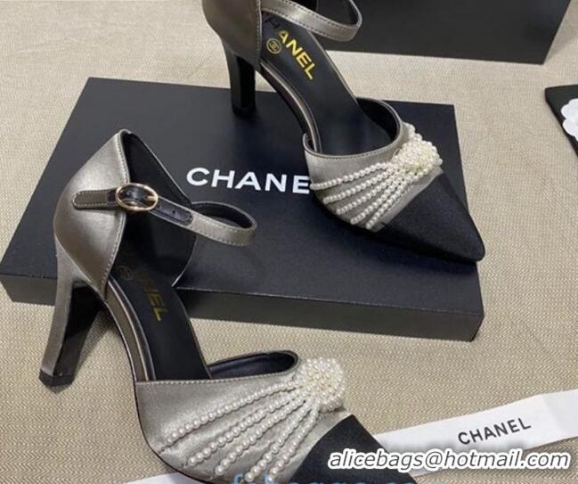 Top Design Chanel Satin Pearl Knot Pumps with Straps G36466 Gray 2020