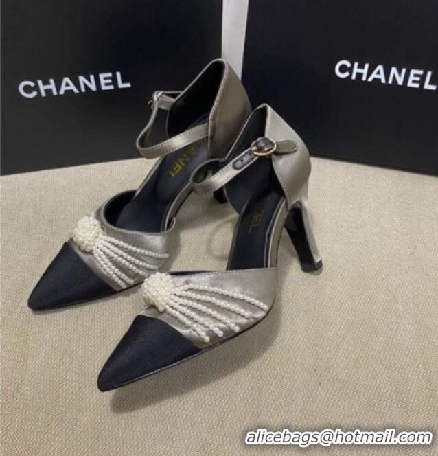 Top Design Chanel Satin Pearl Knot Pumps with Straps G36466 Gray 2020