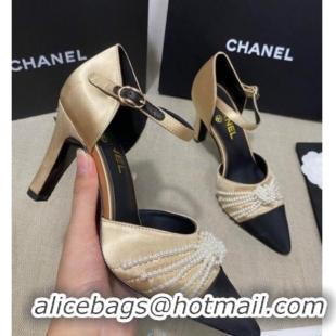 Trendy Design Chanel Satin Pearl Knot Pumps with Straps G36466 Gold 2020