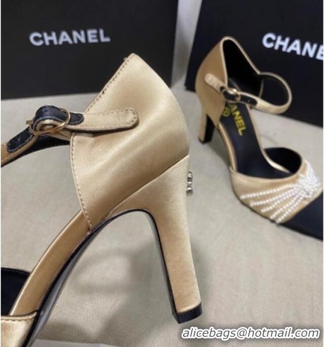 Trendy Design Chanel Satin Pearl Knot Pumps with Straps G36466 Gold 2020