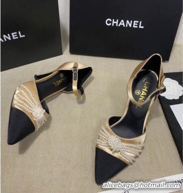 Trendy Design Chanel Satin Pearl Knot Pumps with Straps G36466 Gold 2020