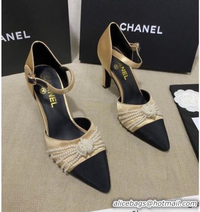 Trendy Design Chanel Satin Pearl Knot Pumps with Straps G36466 Gold 2020