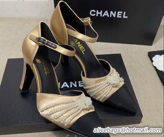 Trendy Design Chanel Satin Pearl Knot Pumps with Straps G36466 Gold 2020