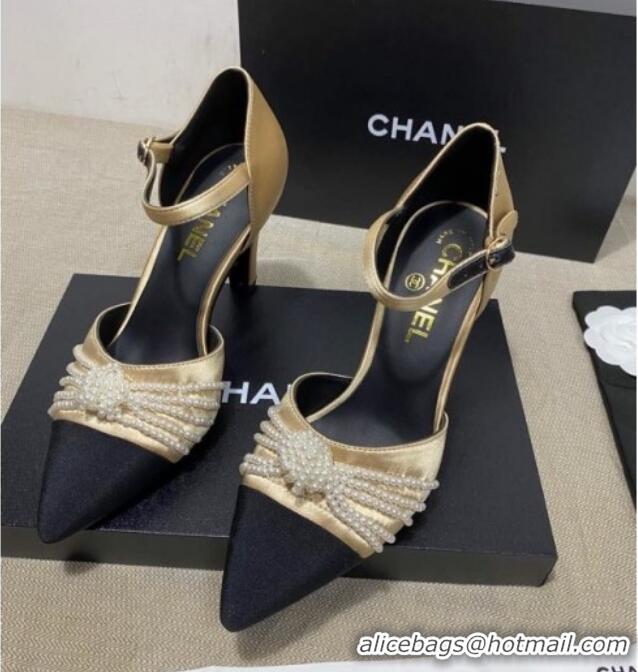 Trendy Design Chanel Satin Pearl Knot Pumps with Straps G36466 Gold 2020