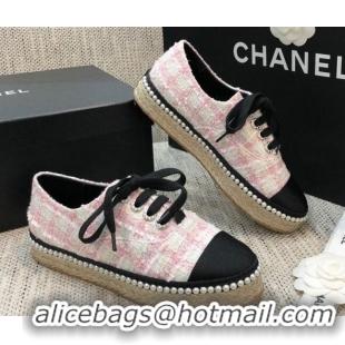 Unique Style Chanel Tweed Espadrilles Sneakers with Pearl Trim 102178 Pink 2020