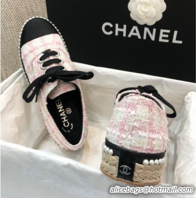 Unique Style Chanel Tweed Espadrilles Sneakers with Pearl Trim 102178 Pink 2020