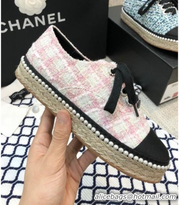 Unique Style Chanel Tweed Espadrilles Sneakers with Pearl Trim 102178 Pink 2020