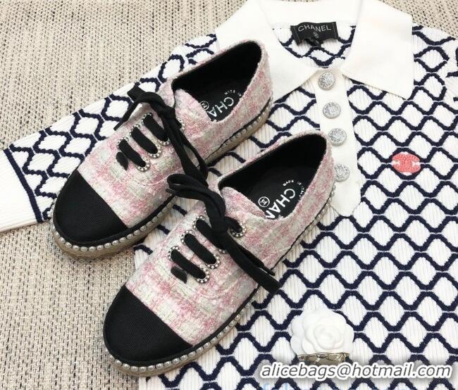 Unique Style Chanel Tweed Espadrilles Sneakers with Pearl Trim 102178 Pink 2020