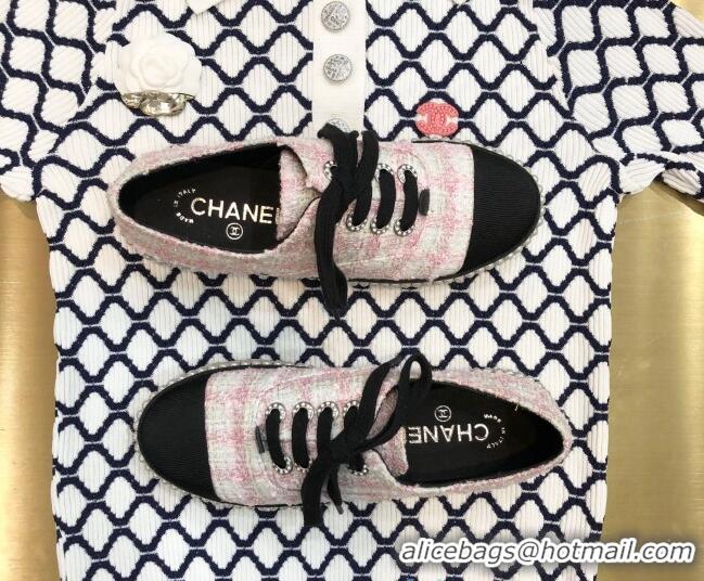 Unique Style Chanel Tweed Espadrilles Sneakers with Pearl Trim 102178 Pink 2020