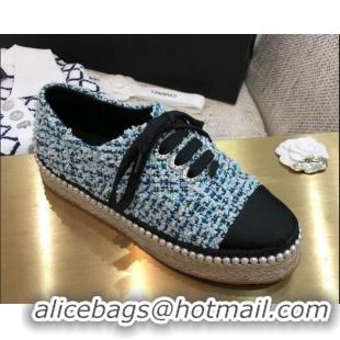 Top Grade Chanel Tweed Espadrilles Sneakers with Pearl Trim 102178 Light Blue 2020