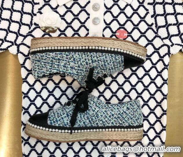 Top Grade Chanel Tweed Espadrilles Sneakers with Pearl Trim 102178 Light Blue 2020