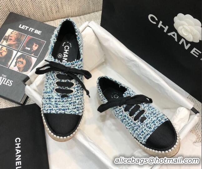 Top Grade Chanel Tweed Espadrilles Sneakers with Pearl Trim 102178 Light Blue 2020