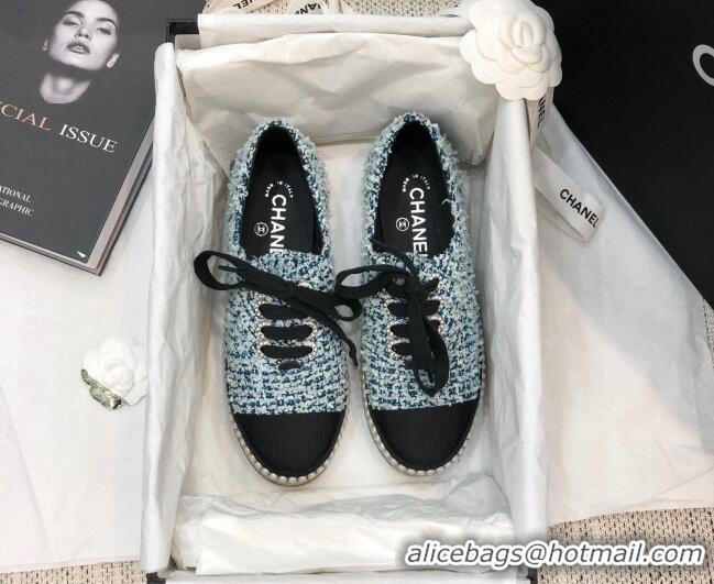 Top Grade Chanel Tweed Espadrilles Sneakers with Pearl Trim 102178 Light Blue 2020