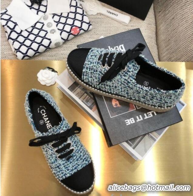 Top Grade Chanel Tweed Espadrilles Sneakers with Pearl Trim 102178 Light Blue 2020