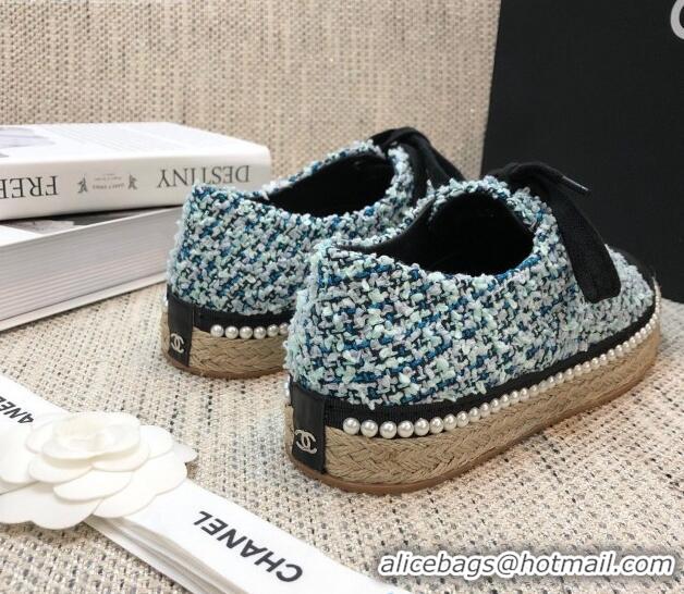 Top Grade Chanel Tweed Espadrilles Sneakers with Pearl Trim 102178 Light Blue 2020