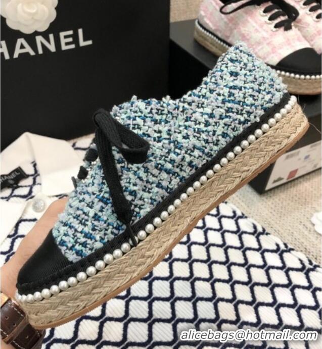 Top Grade Chanel Tweed Espadrilles Sneakers with Pearl Trim 102178 Light Blue 2020