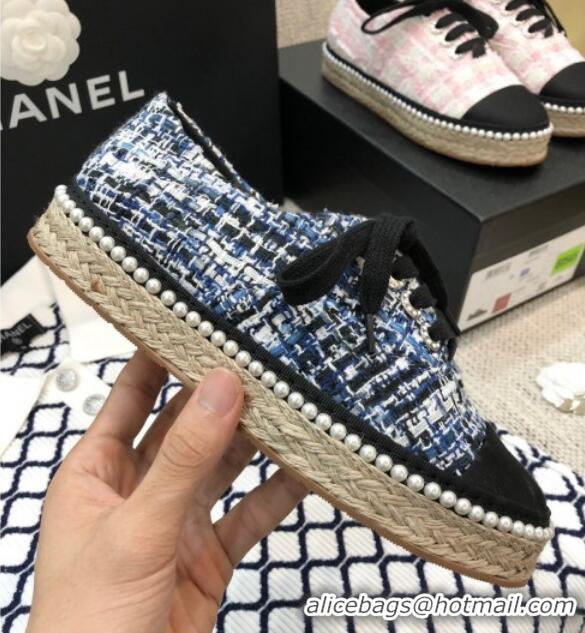 Purchase Chanel Tweed Espadrilles Sneakers with Pearl Trim 102178 Dark Blue 2020