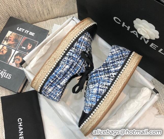 Purchase Chanel Tweed Espadrilles Sneakers with Pearl Trim 102178 Dark Blue 2020