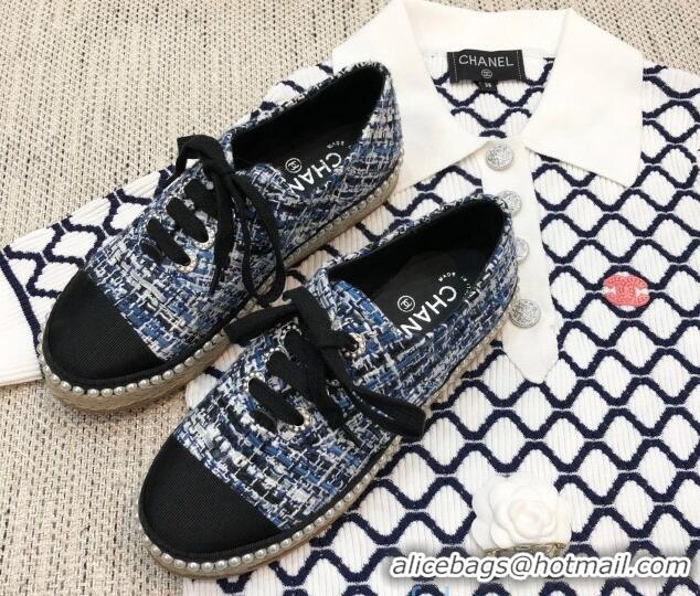 Purchase Chanel Tweed Espadrilles Sneakers with Pearl Trim 102178 Dark Blue 2020