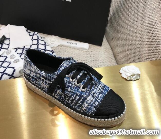 Purchase Chanel Tweed Espadrilles Sneakers with Pearl Trim 102178 Dark Blue 2020